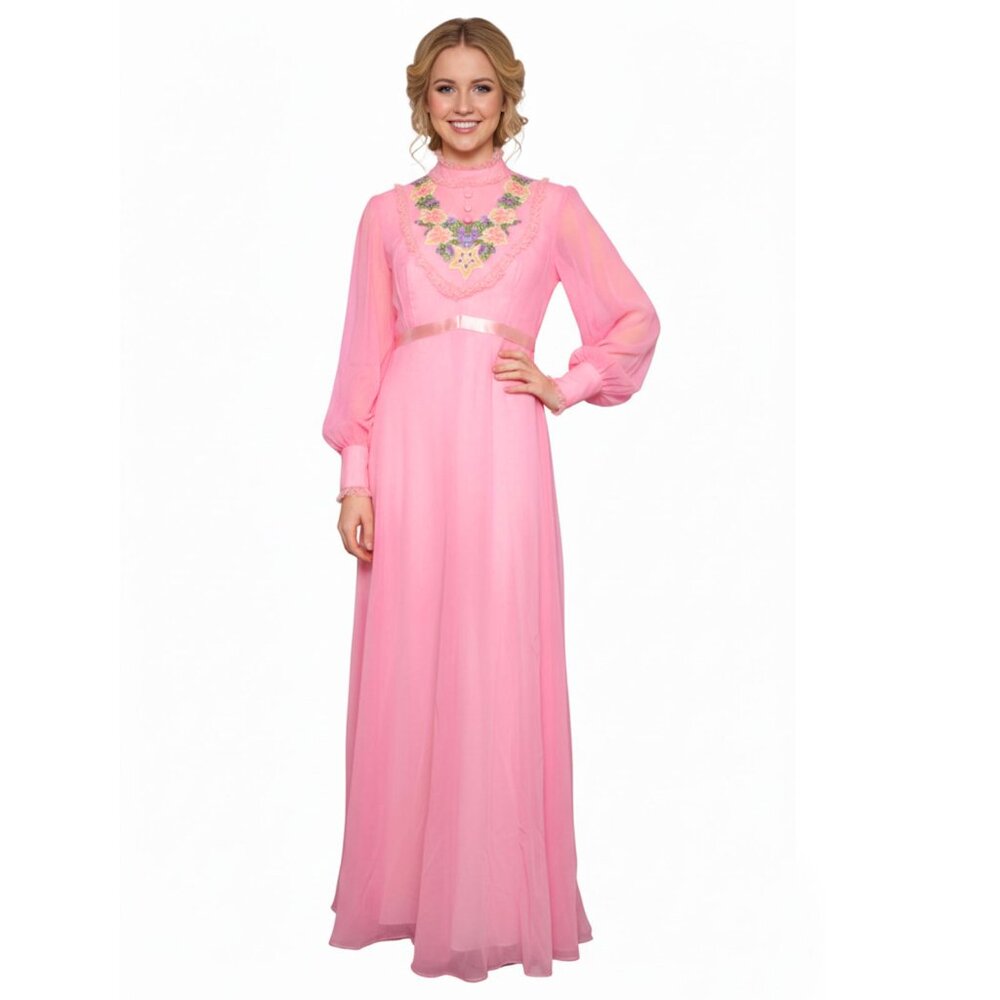 RARE VINTAGE 70s Pink Chiffon Prairie Maxi Dress - Embroidered Floral Boho Gown